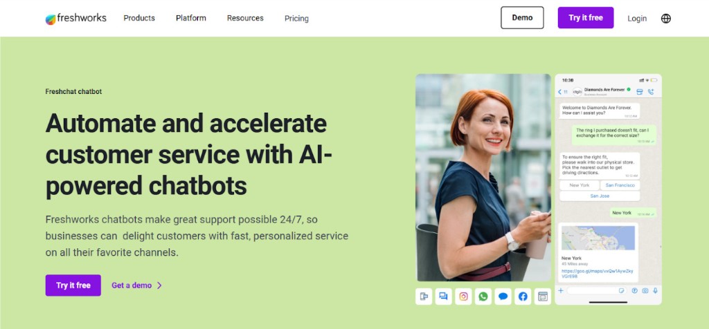 A screenshot of the Freshworks website, highlighting their AI-powered chatbots designed to automate and accelerate customer service.