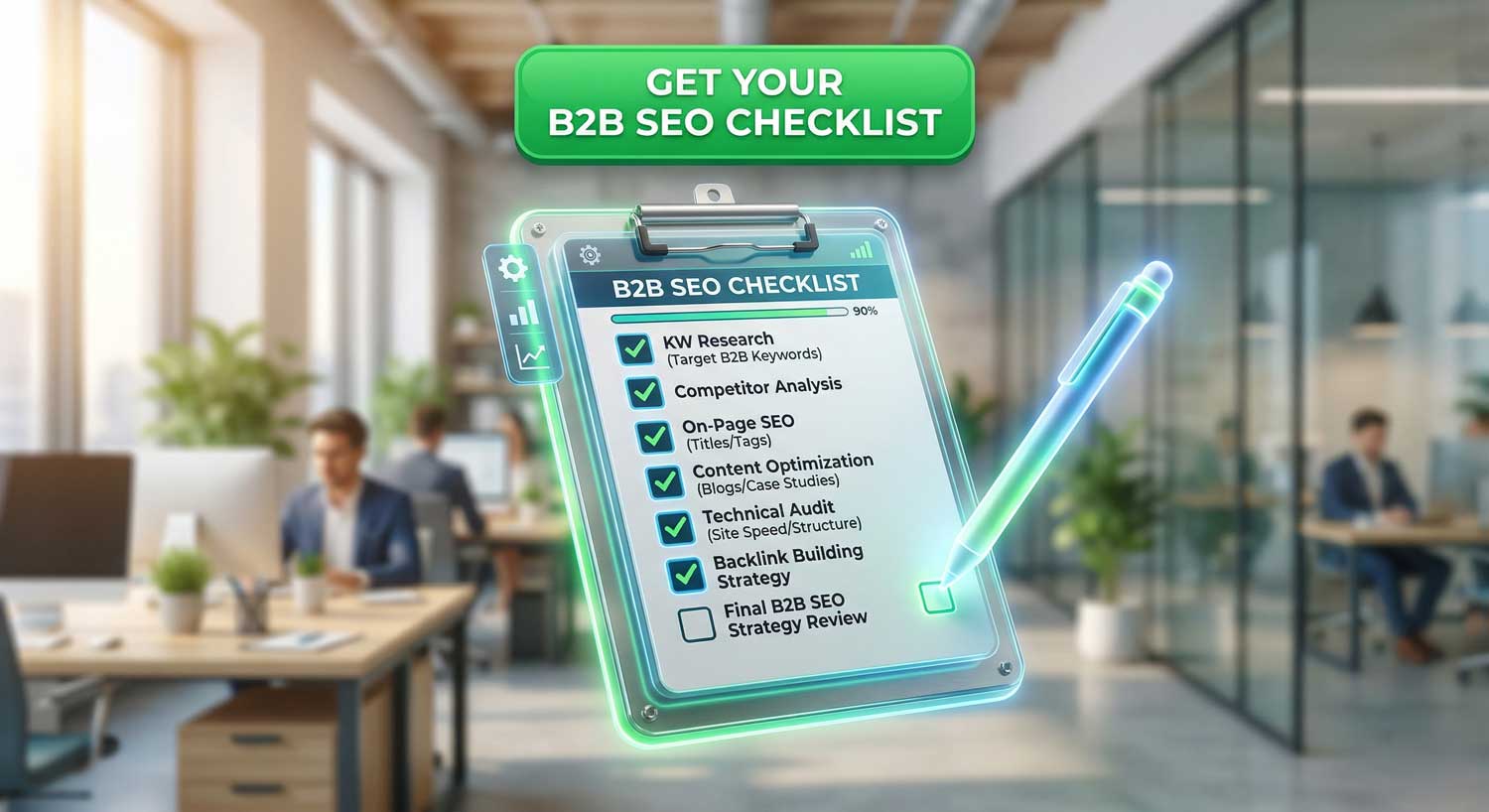 B2B SEO checklist graphic showing keyword research and content optimization steps for sustainable growth.