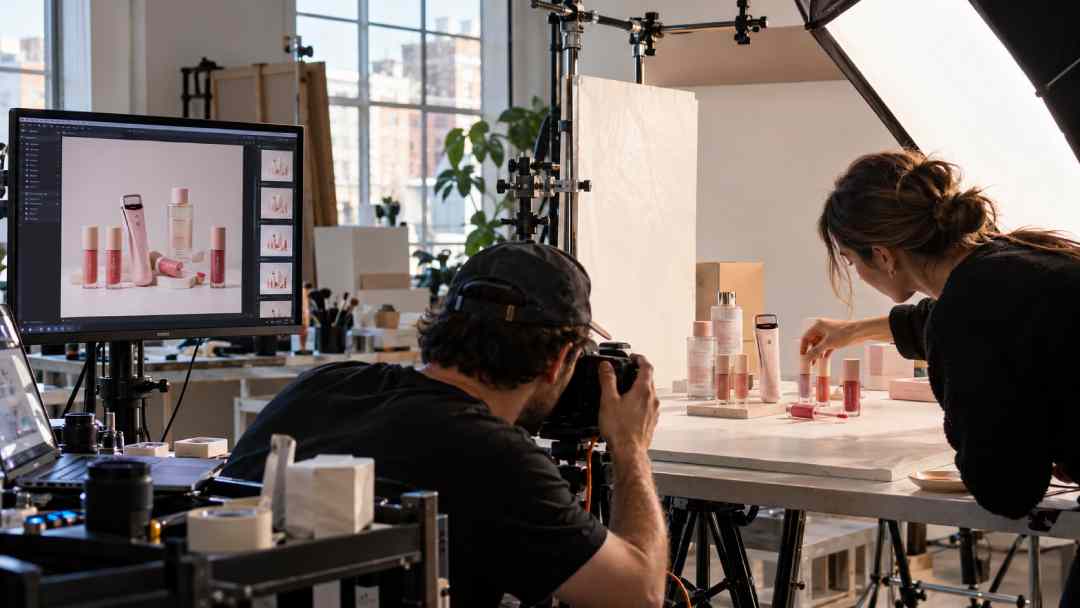 Photographer and stylist capturing cosmetic products during a professional commercial studio shoot.
