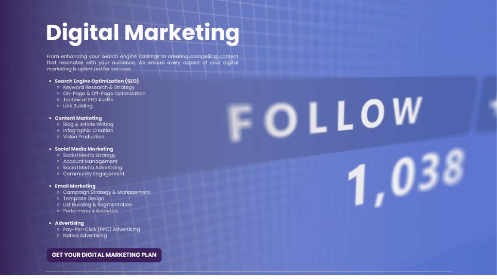 Digital marketing service list on a blue grid background showing SEO, content, and social media growth metrics.