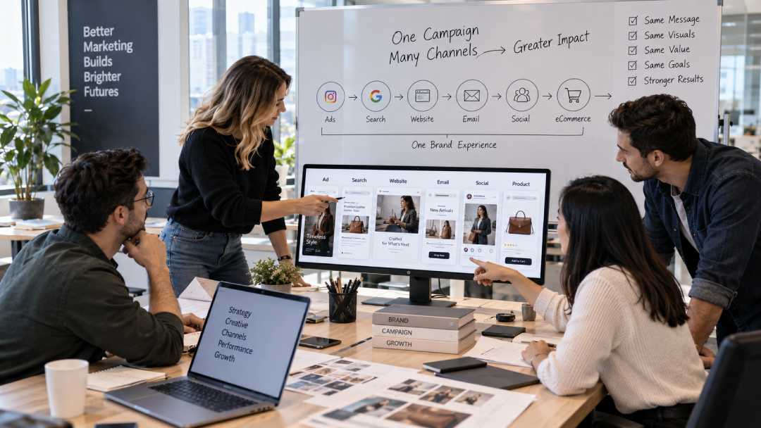 Team maps a connected marketing workflow on a screen and whiteboard, breaking silos. Via Pixel Commercial Studio.