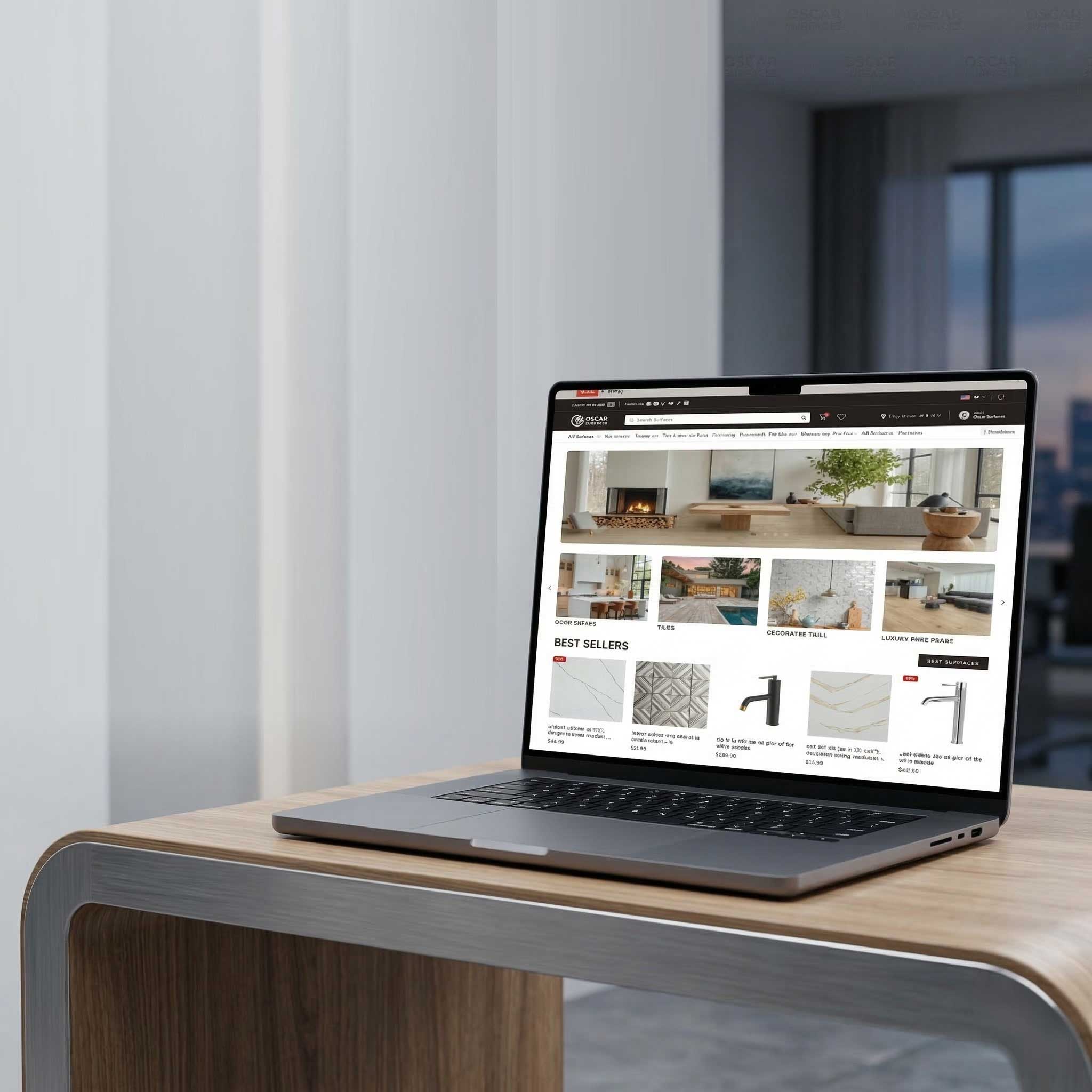 Modern laptop on a desk showcasing a luxury surface ecommerce store developed by Pixel Commerce Studio.