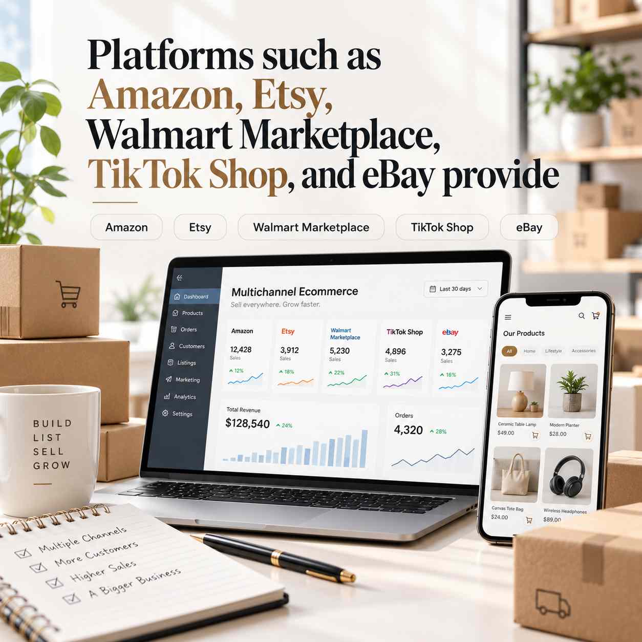 Laptop showing a multichannel ecommerce dashboard surrounded by shipping boxes, a smartphone, and notes.