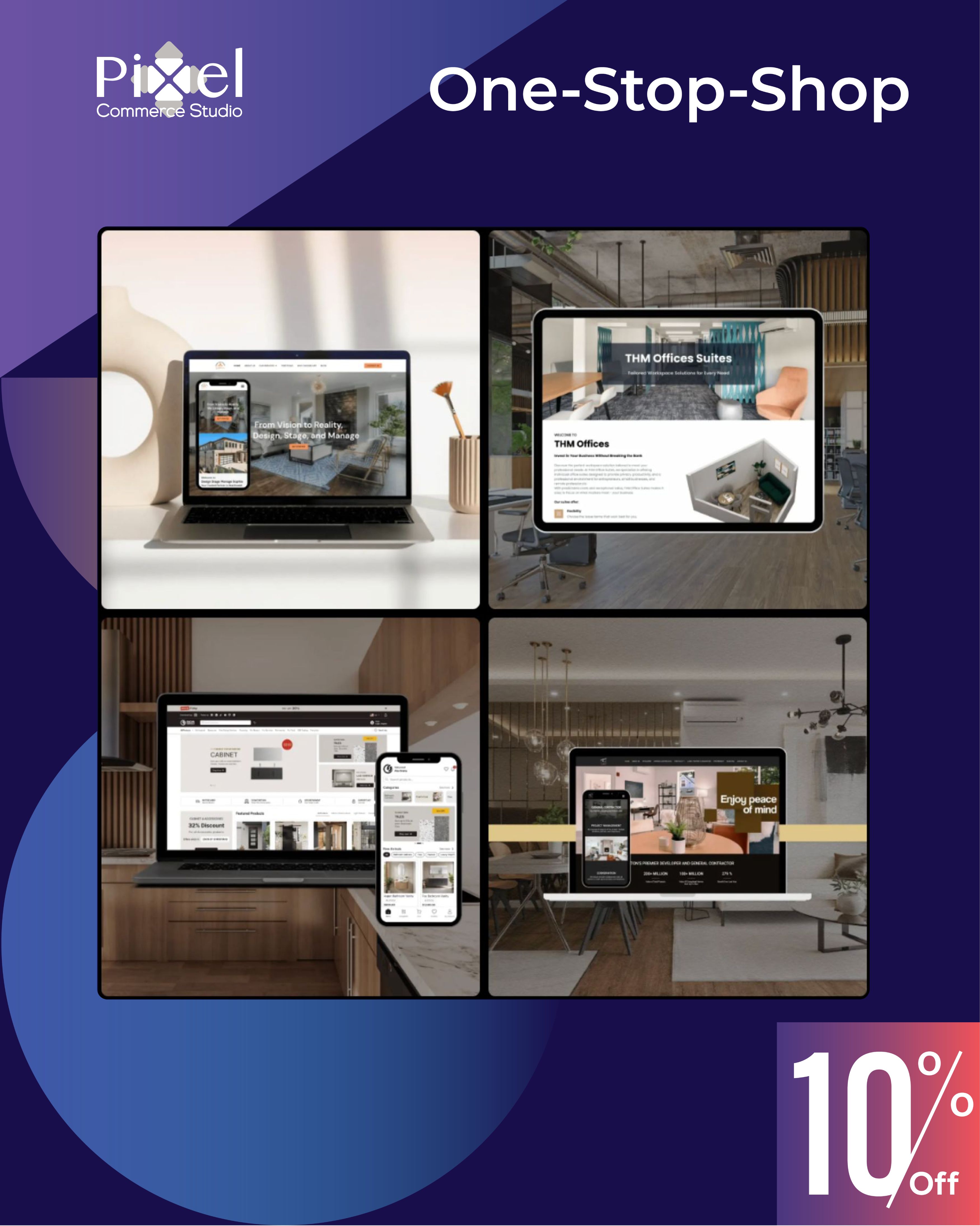 A collage showcasing website designs for various clients (THM Offices, a cabinet company, and an apartment complex), emphasizing the agency's one-stop-shop digital services.