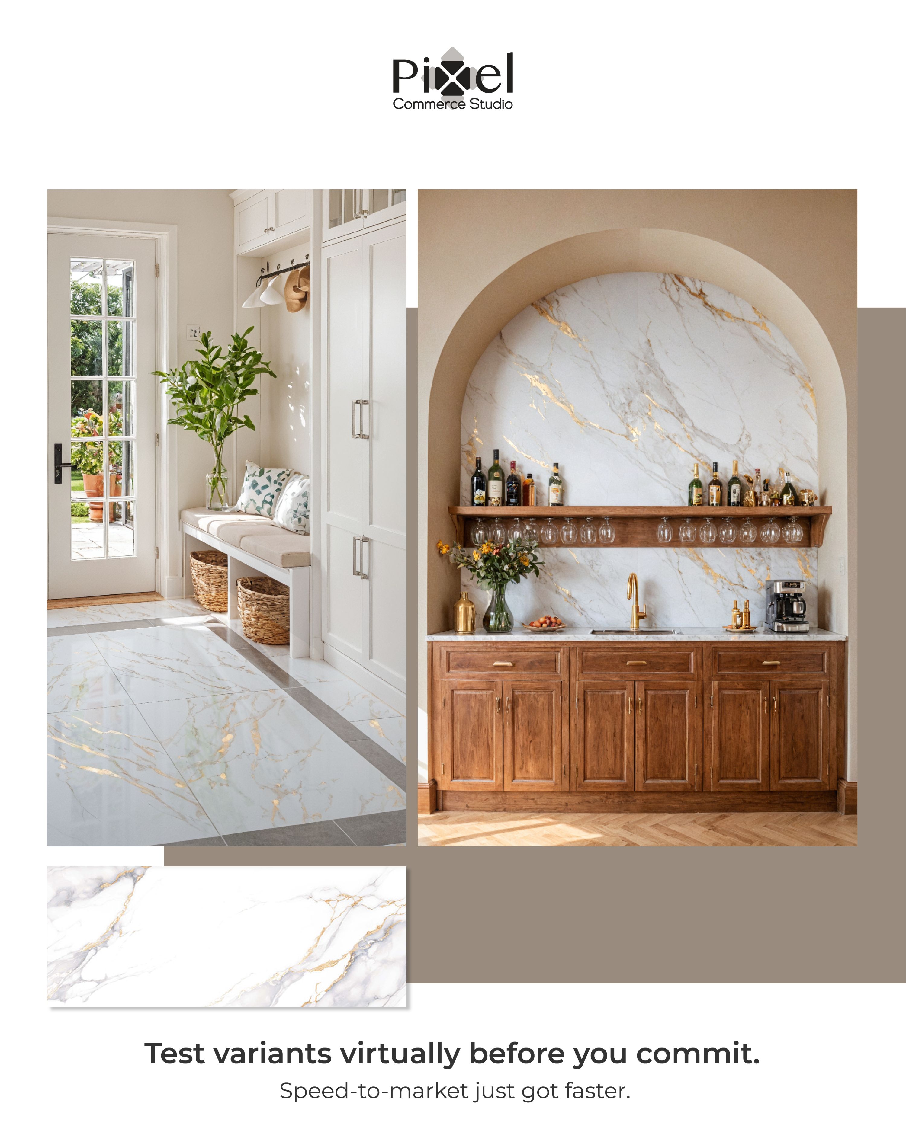 side-by-side photo comparison of two interior design elements: a marble mudroom floor and a modern marble arch wet bar, promoting virtual variant testing.