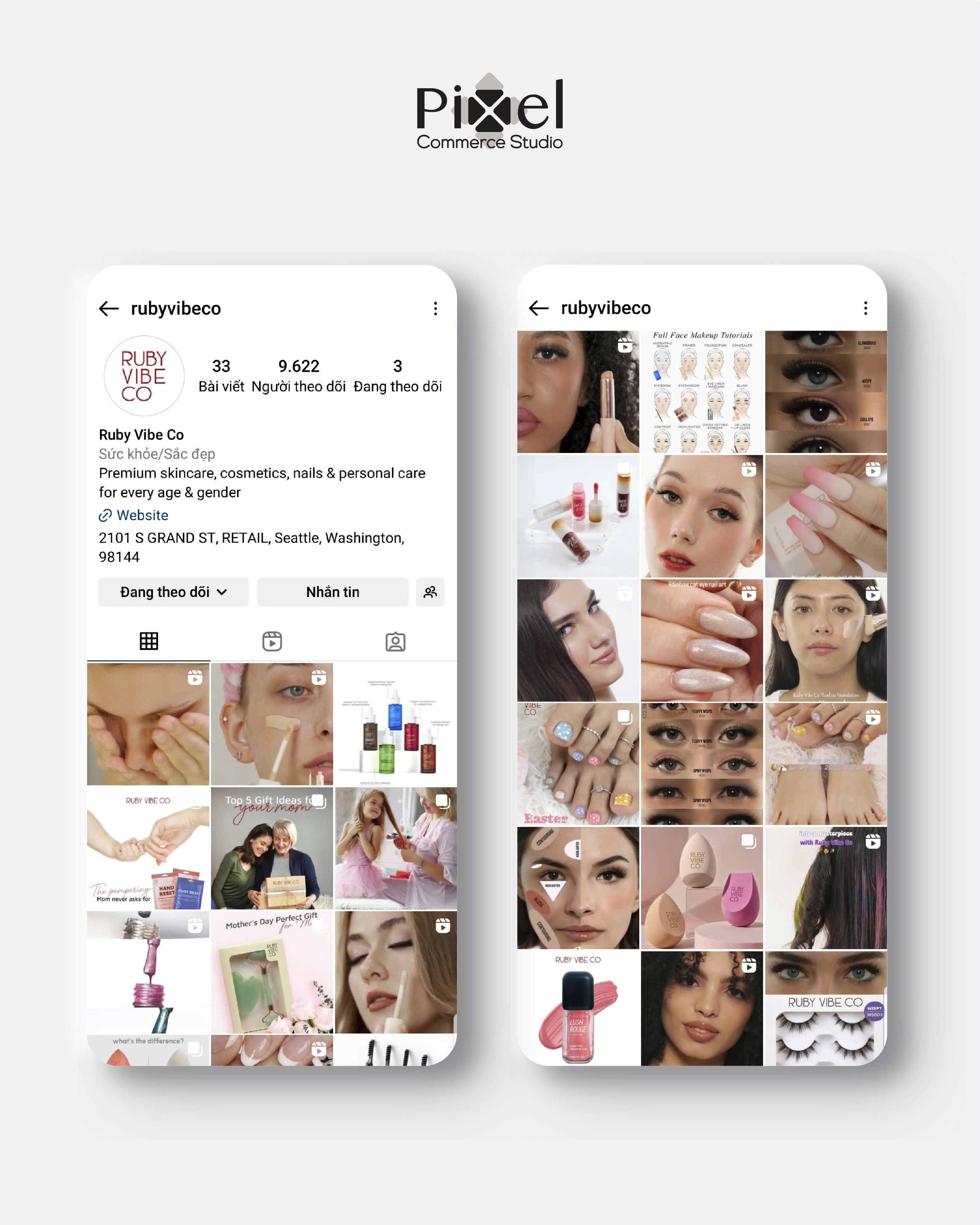 A visual comparison of two screens showing the Ruby Vibe Co Instagram profile and its cohesive feed of lifestyle, beauty, and makeup tutorial content.