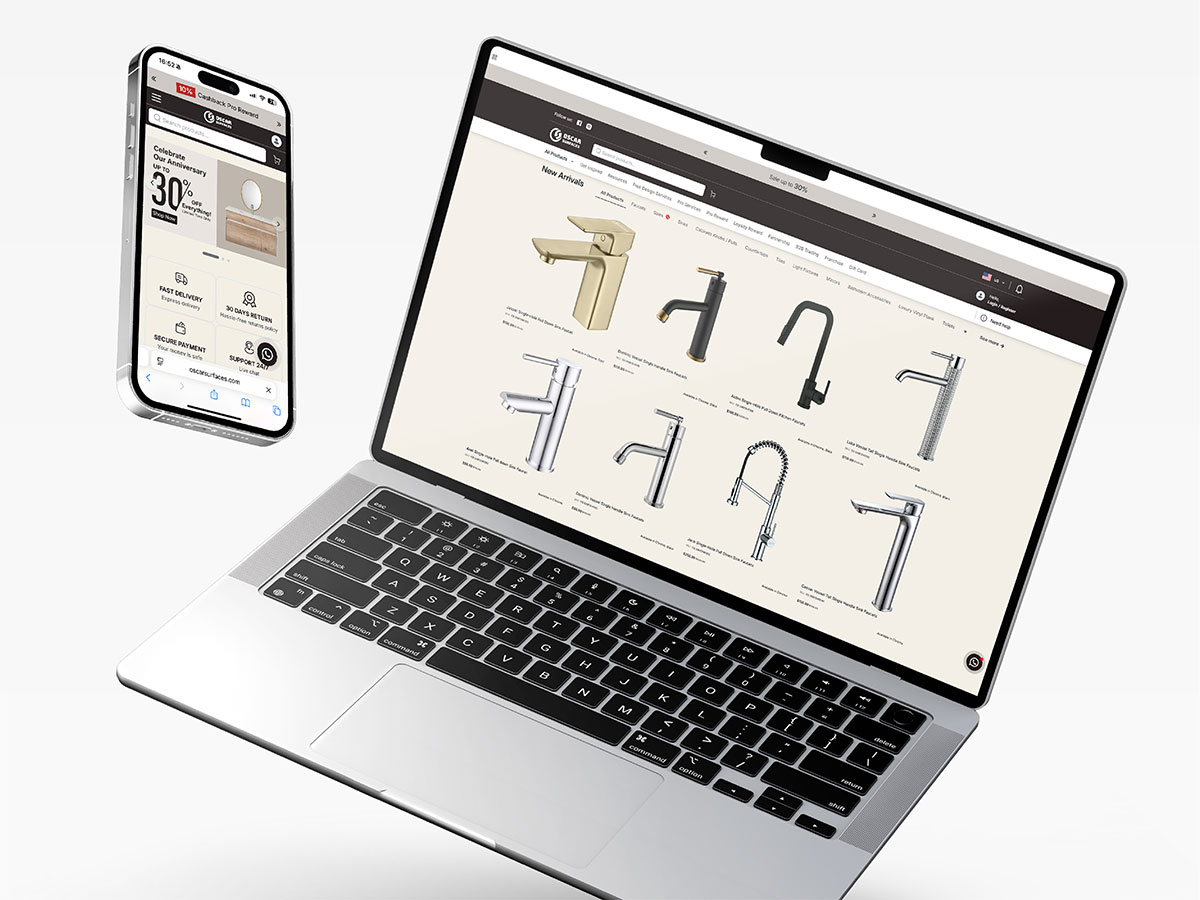 Laptop and smartphone displaying a luxury faucet ecommerce website under the Pixel Commerce Studio logo.