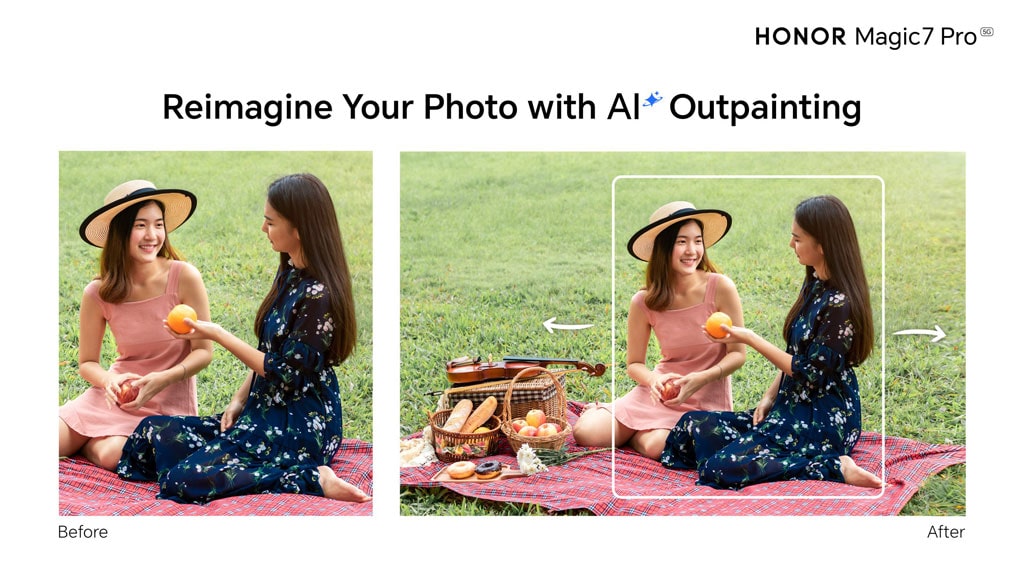 Before and after comparison showing AI image Outpainting extending a picnic photo canvas to add a basket and food.