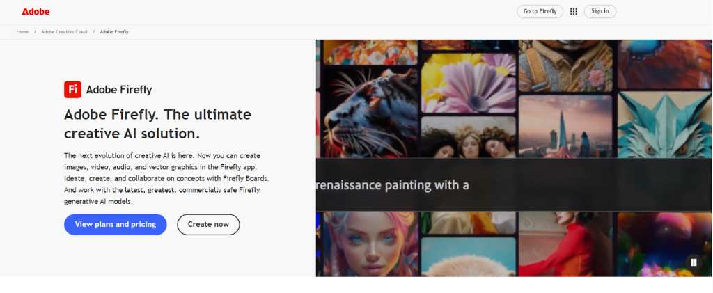 Official Adobe Firefly homepage screenshot, showing the platform that brings generative AI tools directly to Adobe Photoshop.