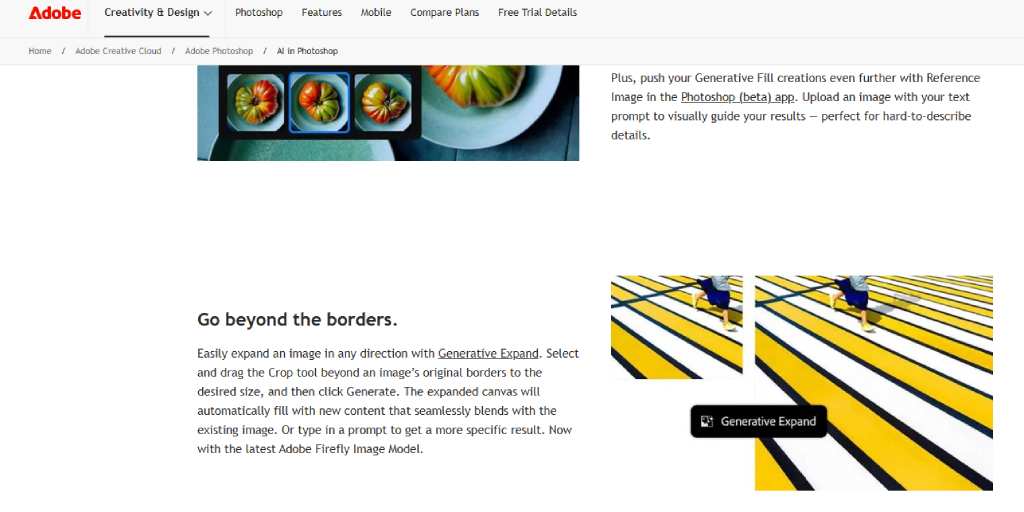 Screenshot from Adobe.com detailing AI in Photoshop: Generative Fill with Reference Image and seamless Generative Expand functionality.