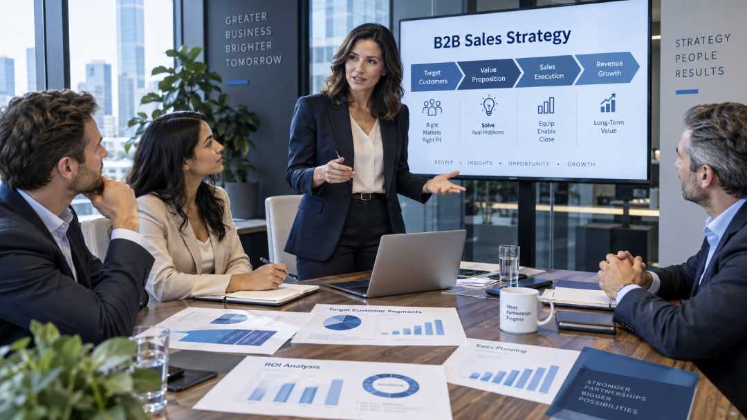 Female sales leader presenting a B2B sales strategy to colleagues in a modern boardroom.