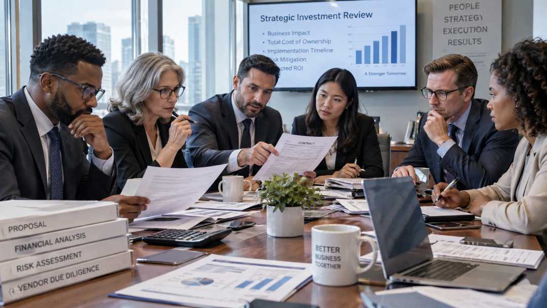 Diverse buying committee reviewing contracts and risk assessments during a B2B sales meeting. (Pixel Commercial Studio)