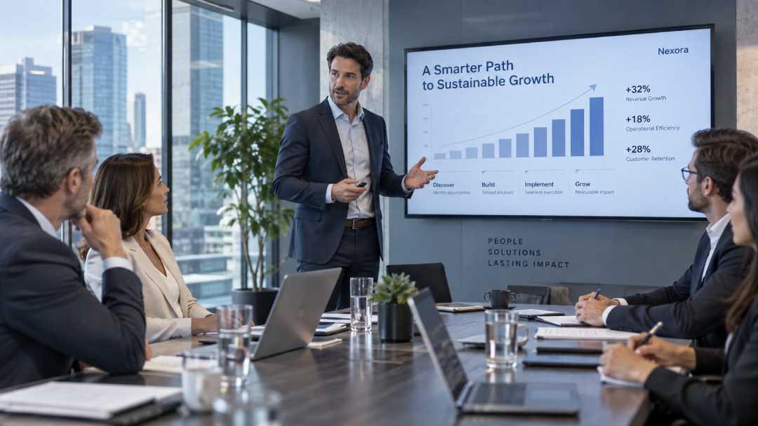 Sales professional presenting sustainable growth metrics to stakeholders in a boardroom. (Pixel Commercial Studio