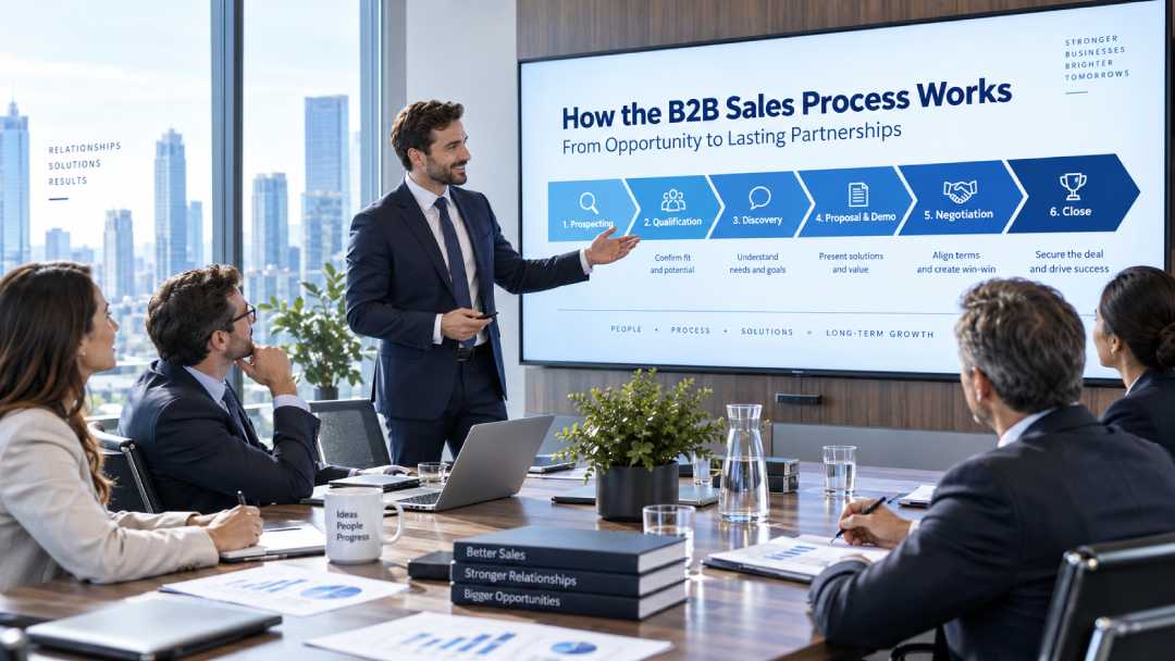Sales leader presenting the six-step B2B sales process to colleagues in a boardroom. (Pixel Commercial Studio)