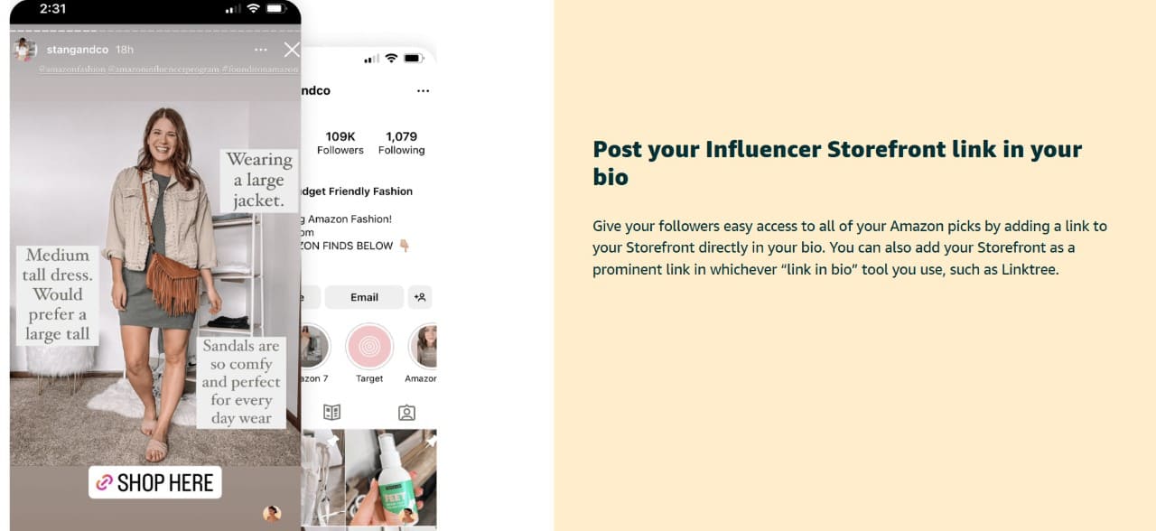 The screenshot shows an influencer modeling Amazon fashion items and sharing tips to optimize her profile for conversions and better affiliate sales, like linking a storefront in a bio.