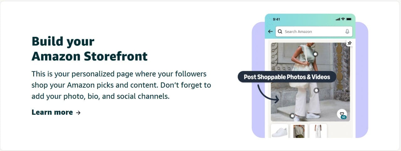 Graphic explaining how to build an Amazon Storefront featuring a mobile mockup of shoppable influencer photos and videos.