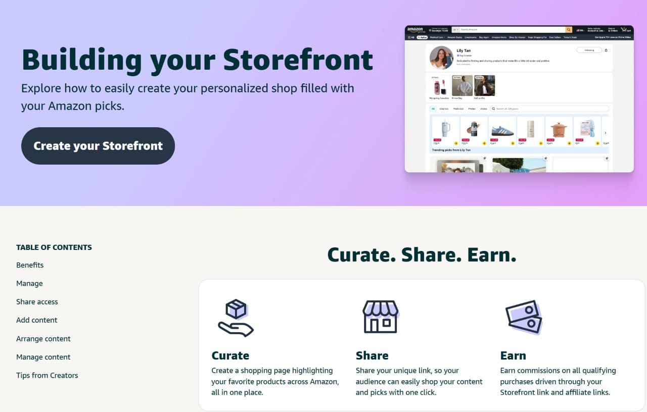 Dashboard view of the Amazon storefront builder featuring icons for curating, sharing, and earning affiliate commissions.