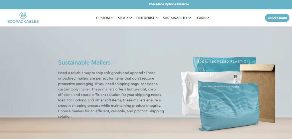 ECOPACKABLES promoting lightweight, sustainable mailers for cost-efficient shipping and eco-friendly packaging.