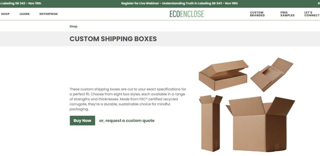EcoEnclose page showing various styles of custom shipping boxes made from recycled corrugated for sustainable packaging solutions