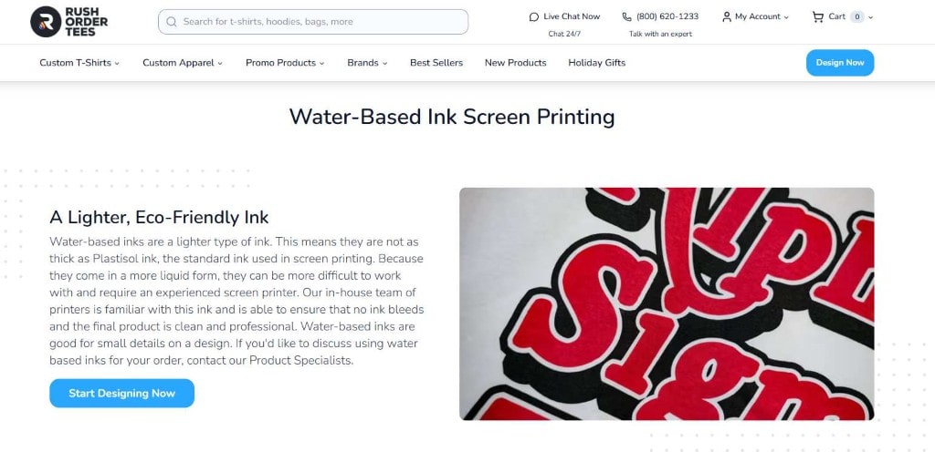 Rush Order Tees promoting water-based ink as a lighter, eco-friendly choice for screen printing apparel.