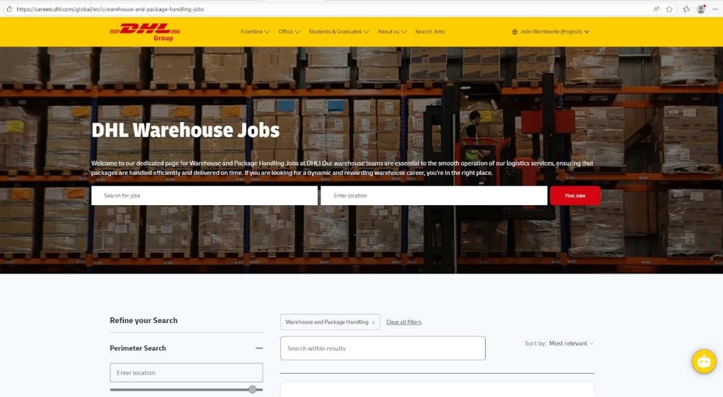 DHL careers page for Warehouse and Package-Handling Jobs, showcasing the logistics infrastructure for affordable shipping.