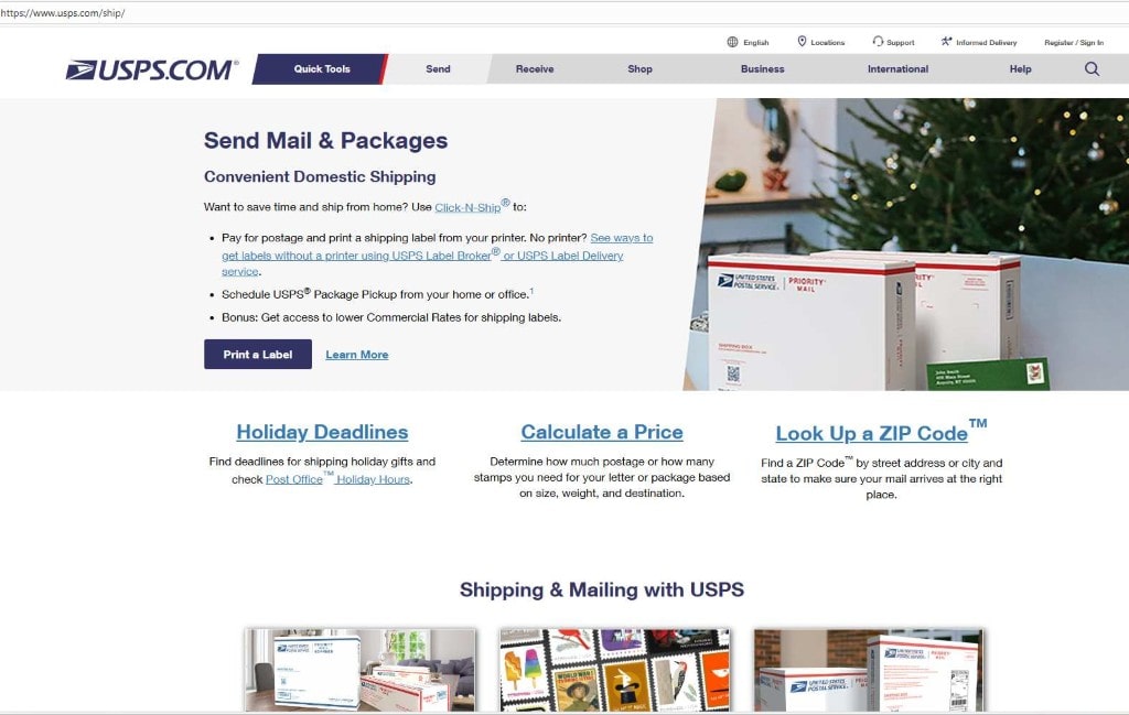 Screenshot of USPS.com "Send Mail & Packages" page, showing shipping box options.