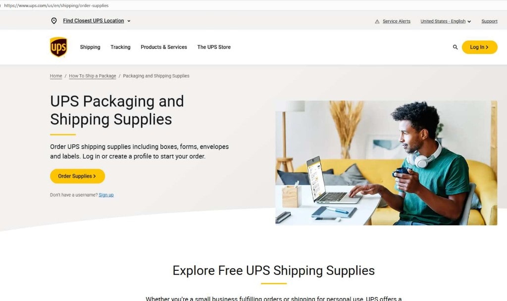 Official UPS website page for ordering free shipping supplies and affordable packaging solutions.