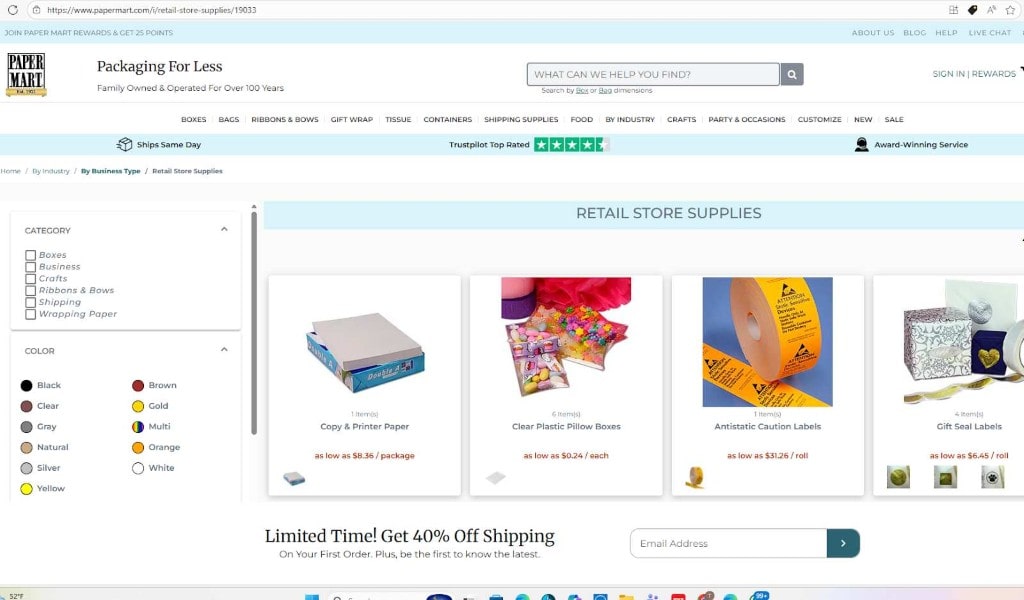 Papermart's online store displaying a range of retail store supplies for cost-effective packaging solutions