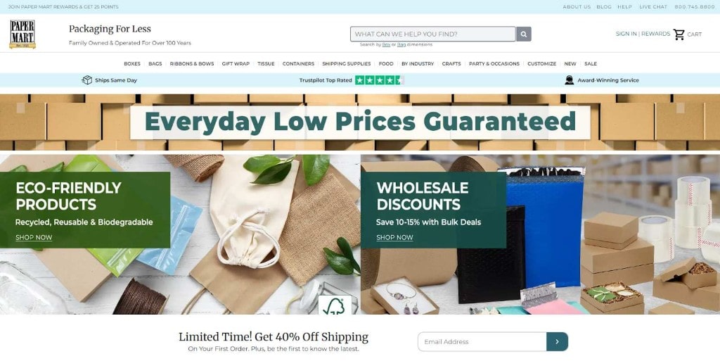 Papermart banner promoting wholesale discounts and eco-friendly packaging solutions for affordable shipping supplies.