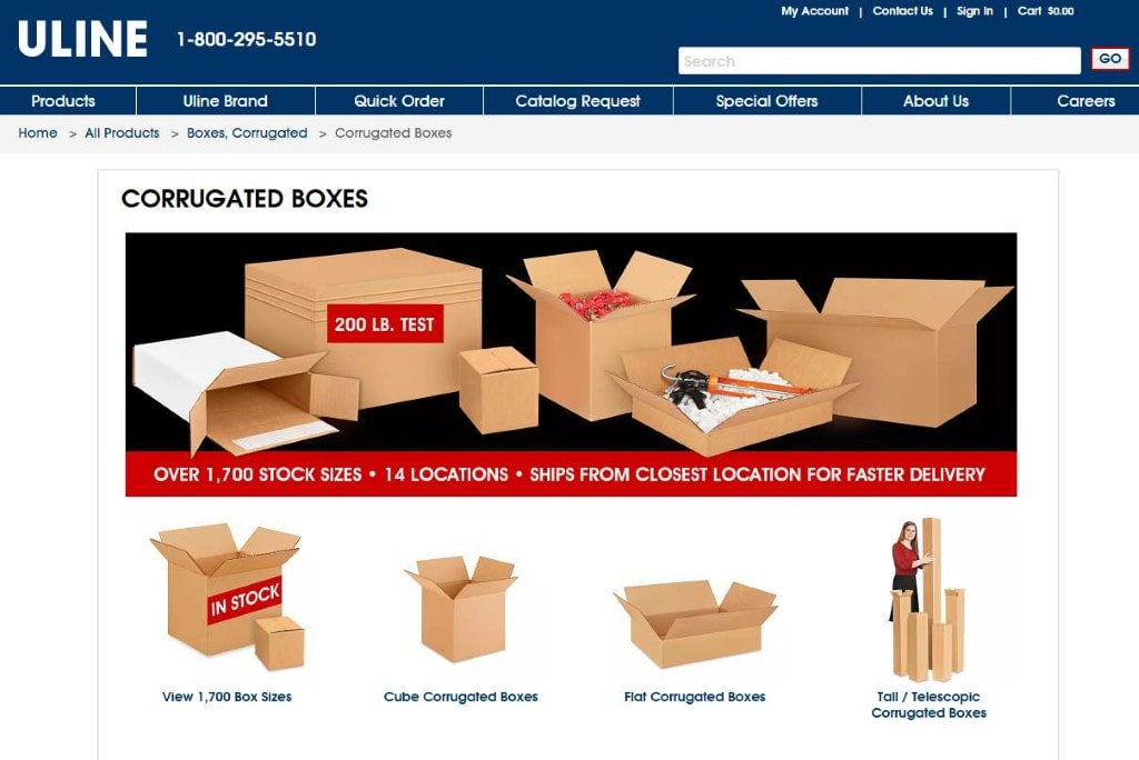 Uline catalog page for Corrugated Boxes, showing various sizes for cost-effective shipping supplies and packaging solutions.