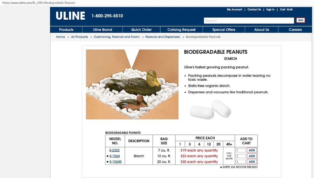 Uline's Biodegradable Peanuts page promoting eco-friendly void fill for sustainable and affordable packaging solutions.