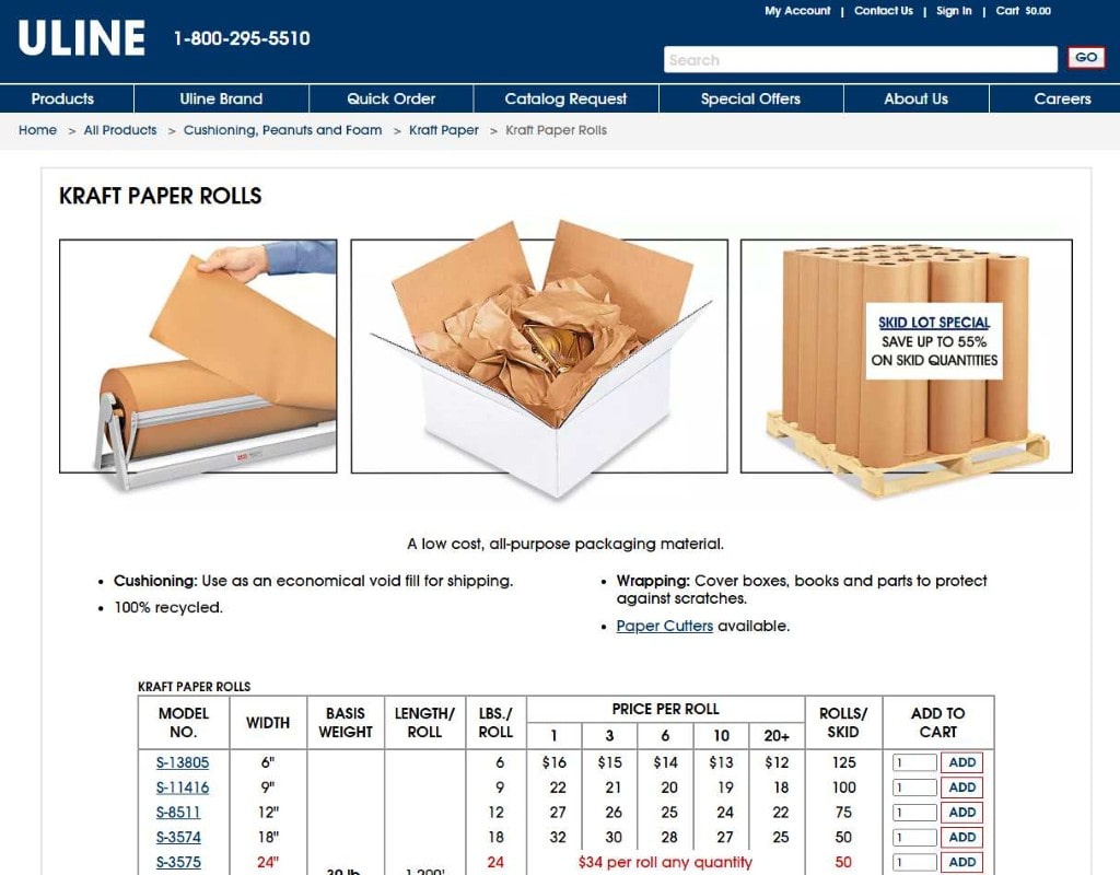 Uline Kraft Paper Rolls: showing economical, recycled void fill with deep skid lot discounts for affordable shipping supplies.