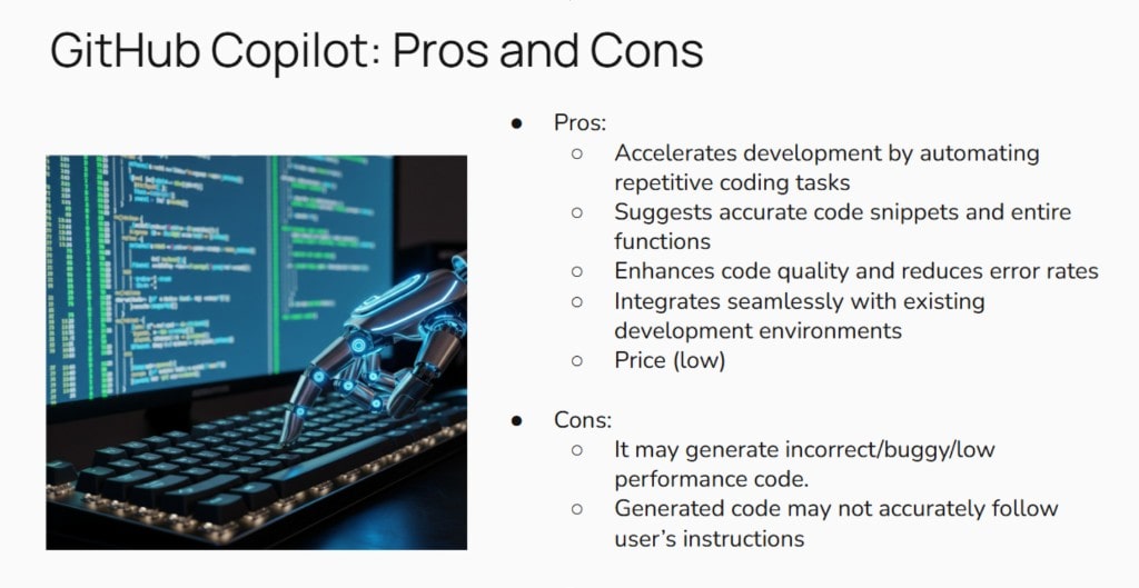 A presentation slide listing the pros and cons of GitHub Copilot, with an image of a robot hand typing on a keyboard.