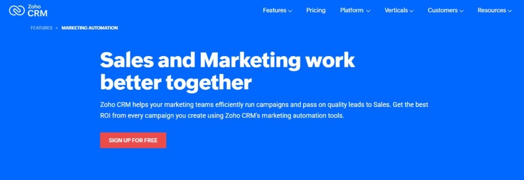 A screenshot of the Zoho CRM website's marketing automation page, with the headline 
