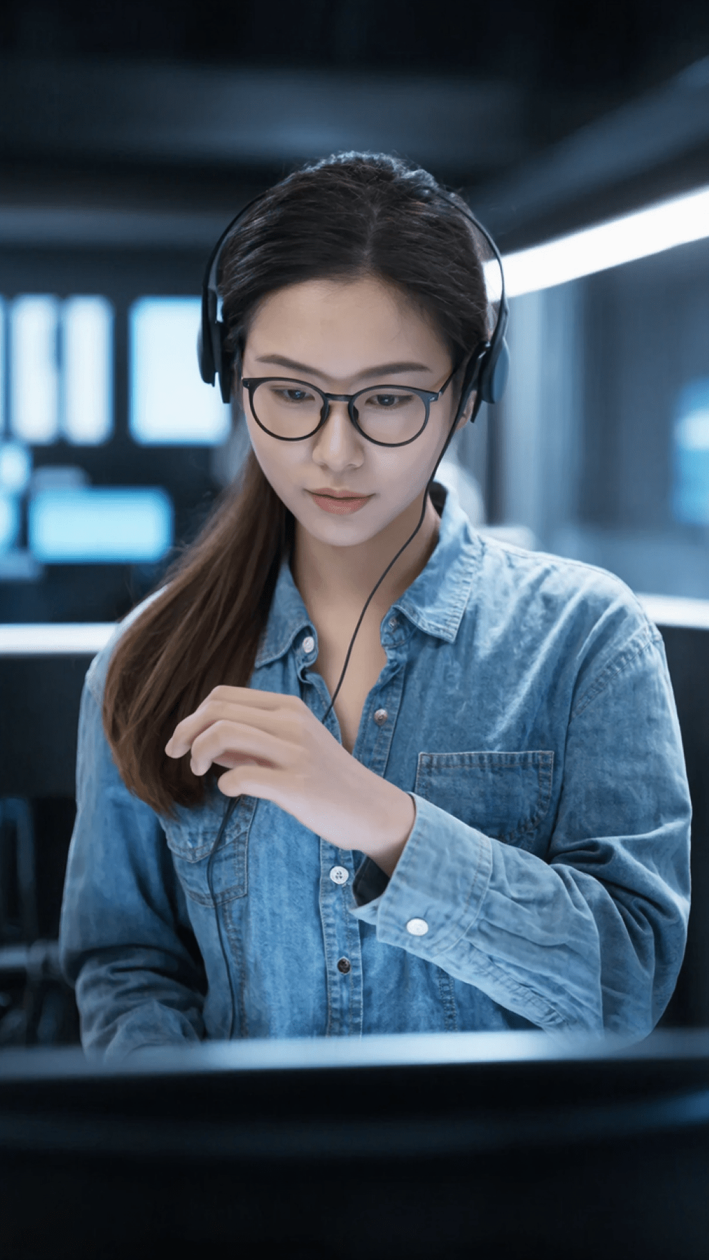 A female customer support representative wearing headphones and glasses, focusing on her computer screen.