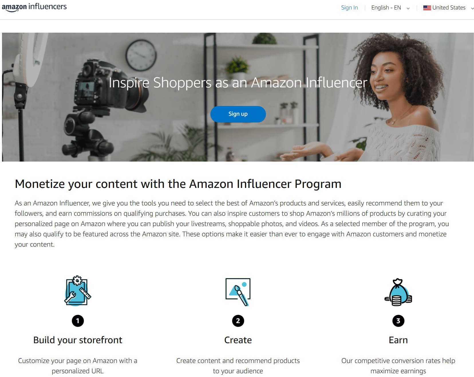 Inspire Shoppers as an Amazon Influencer. Screenshort on affiliate-program.amazon.com