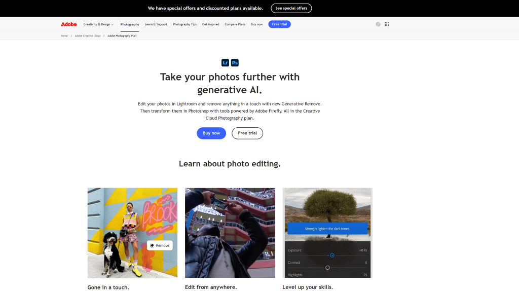 Adobe Photography Plan landing page featuring Lightroom and Photoshop with generative AI capabilities.