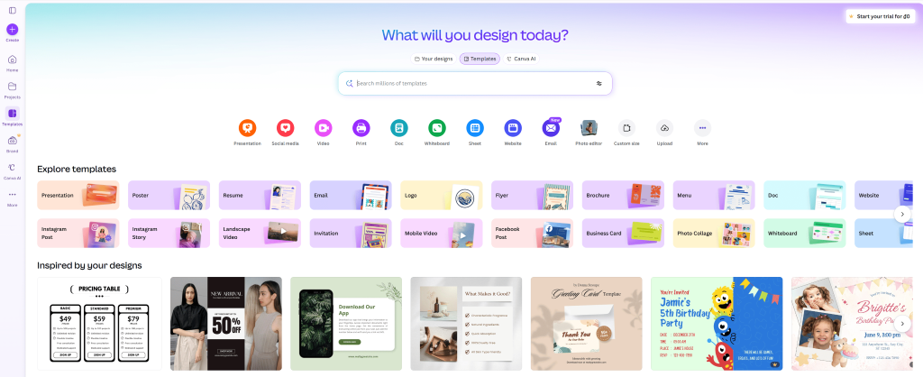 Canva homepage dashboard showing various design templates for social media, presentations, and marketing materials.