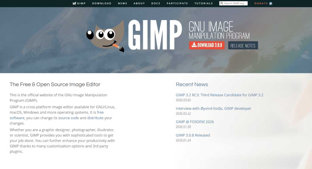 Screenshot of the official GIMP.org homepage featuring the Wilbur mascot, a "Download 3.0.8" button, and a news sidebar titled "Recent News" showcasing GIMP 3.2 RC3 updates.
