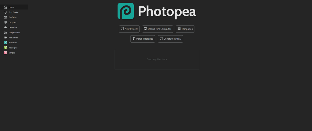 Photopea web interface showing options for a new project, opening files from a computer, and AI generation.