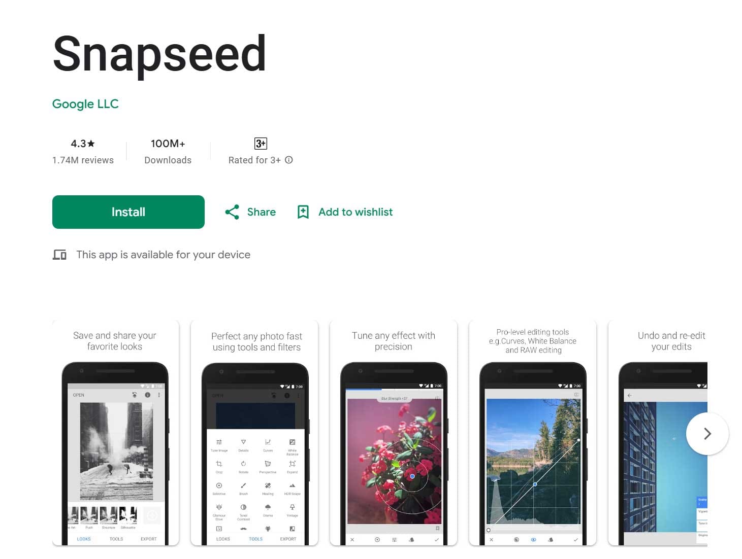 Screenshot of the Snapseed app listing on Google Play Store, showing a 4.3-star rating, over 100 million downloads, and preview images of photo editing tools like Curves, Selective, and RAW editing.