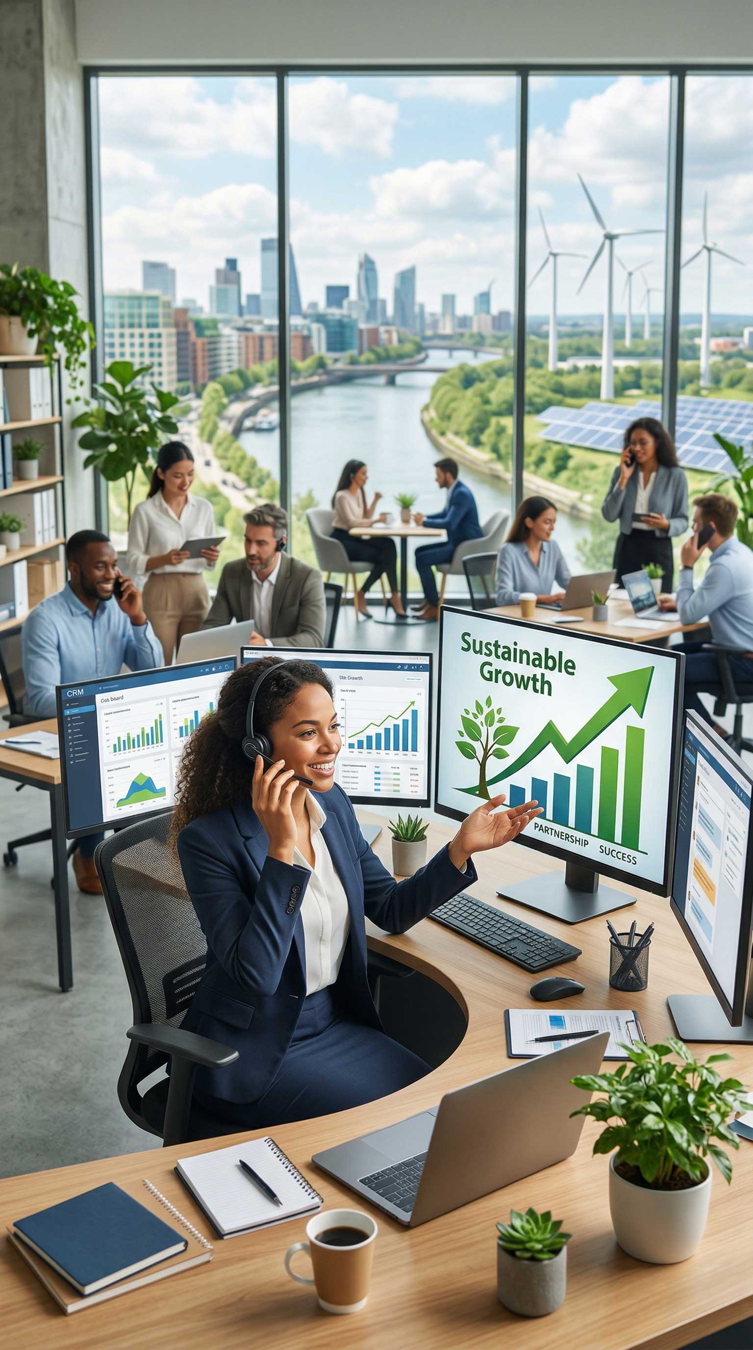 B2B customer service professional in a modern office analyzing sustainable growth charts on a computer screen