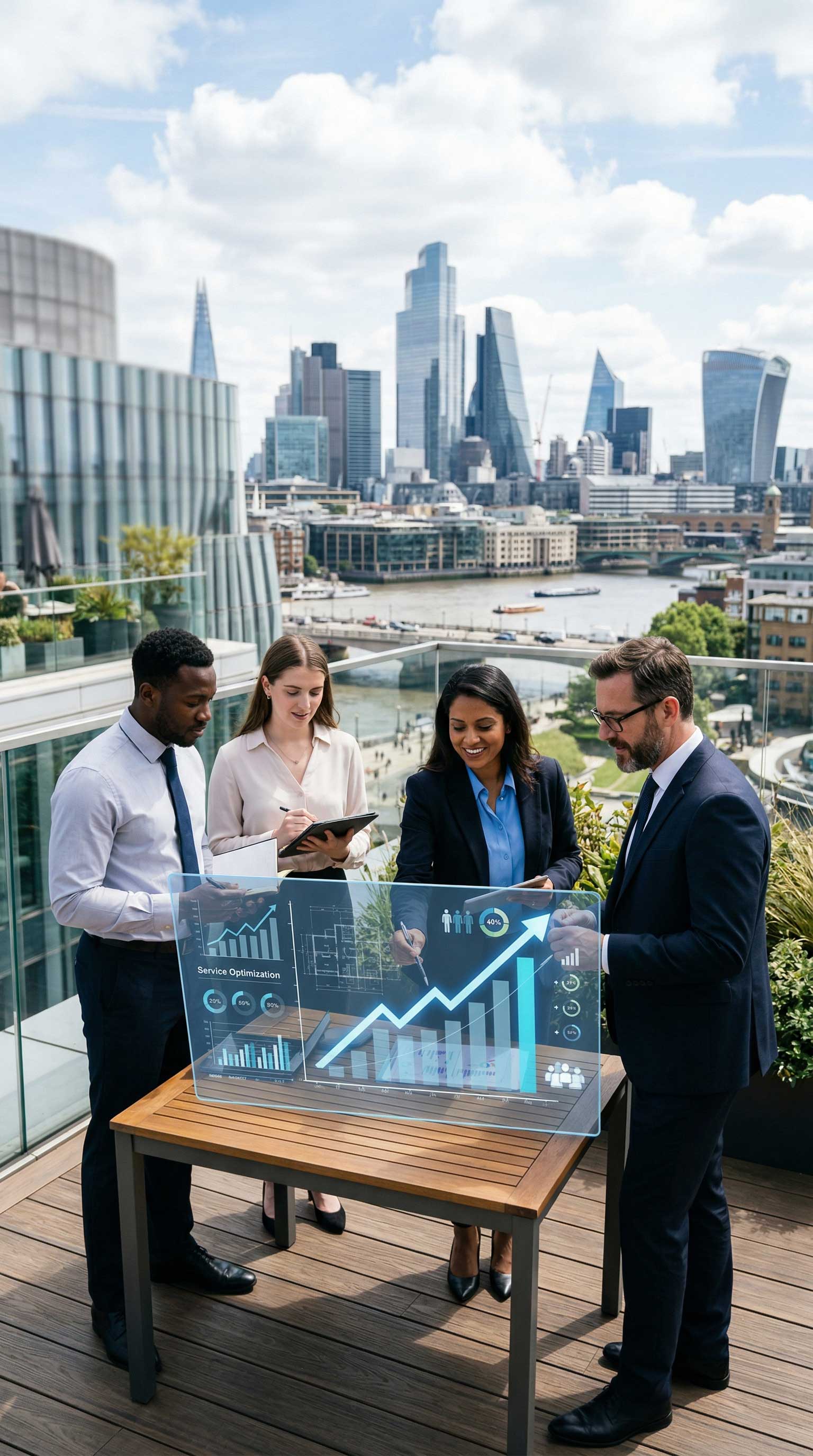 Diverse business team discussing data for B2B customer service growth