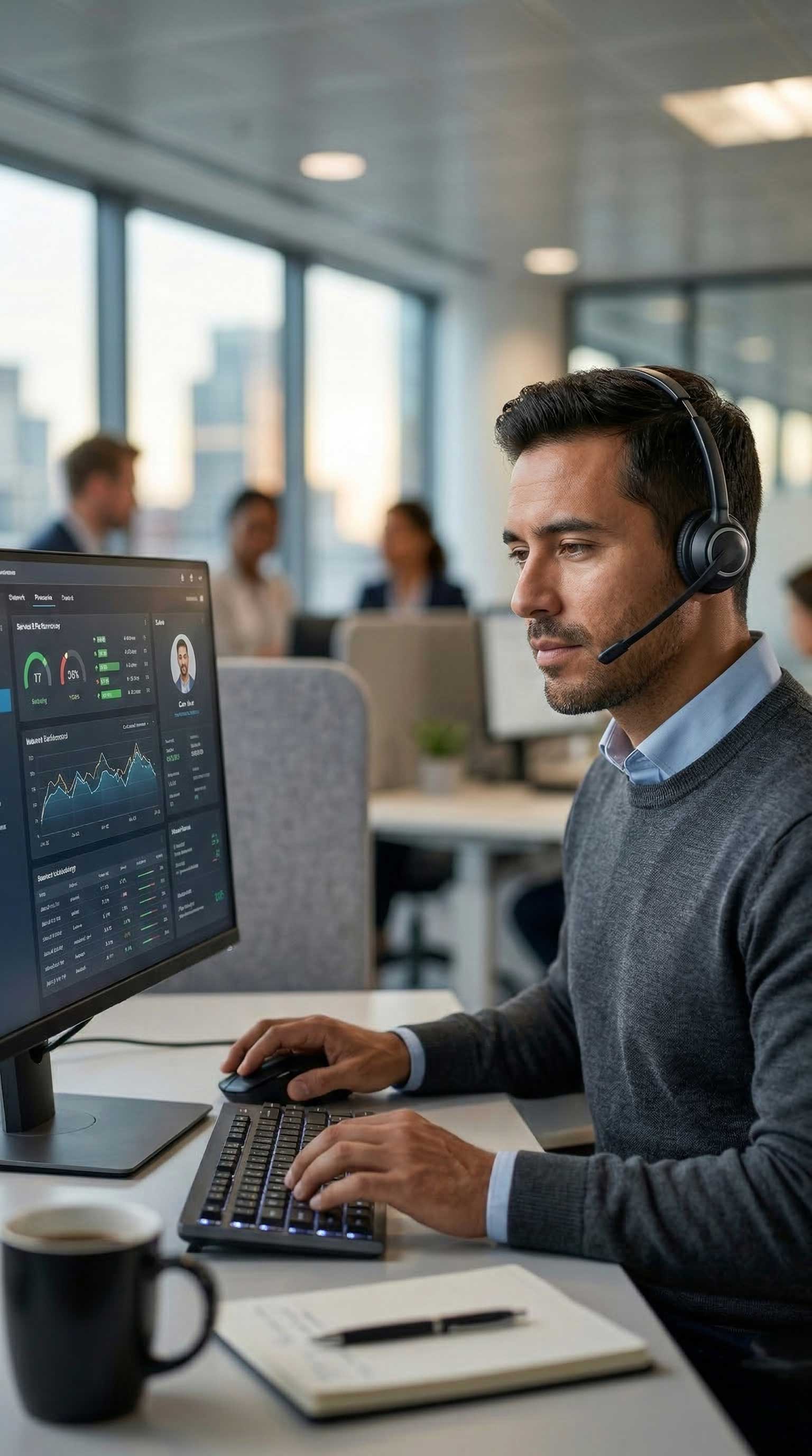 A man wearing a headset looks at a data dashboard to manage B2B customer service and retention.