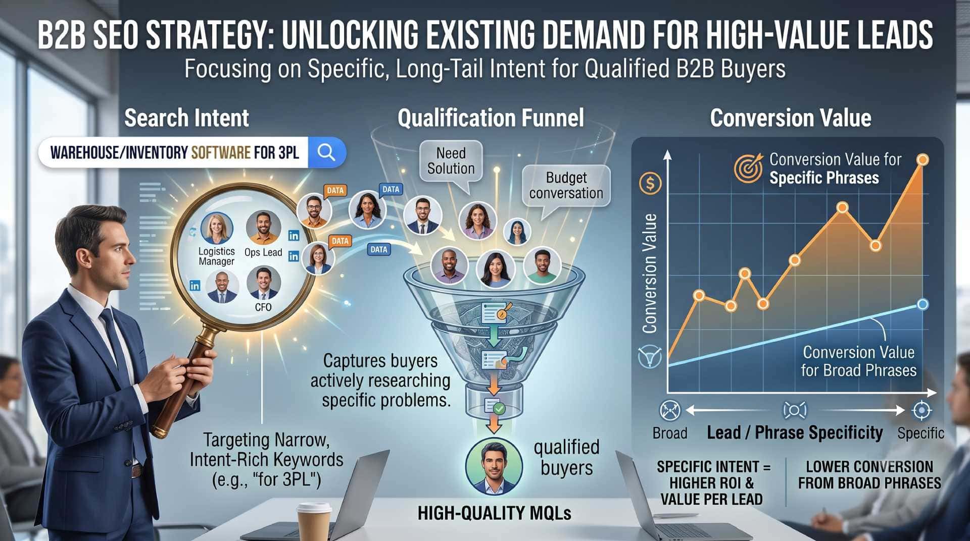 Infographic titled 'B2B SEO Strategy' illustrating how targeting narrow, intent-rich keywords captures qualified buyers. It features three sections: Search Intent targeting specific personas like CFOs, a Qualification Funnel generating high-quality MQLs, and a Conversion Value chart showing specific long-tail phrases yield higher ROI than broad phrases.