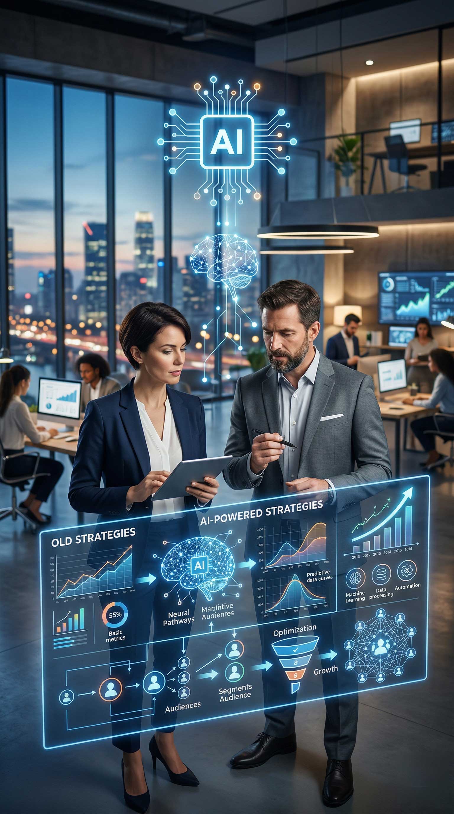 Professionals compare old marketing metrics against AI-powered strategies and predictive data to scale B2B ROI.