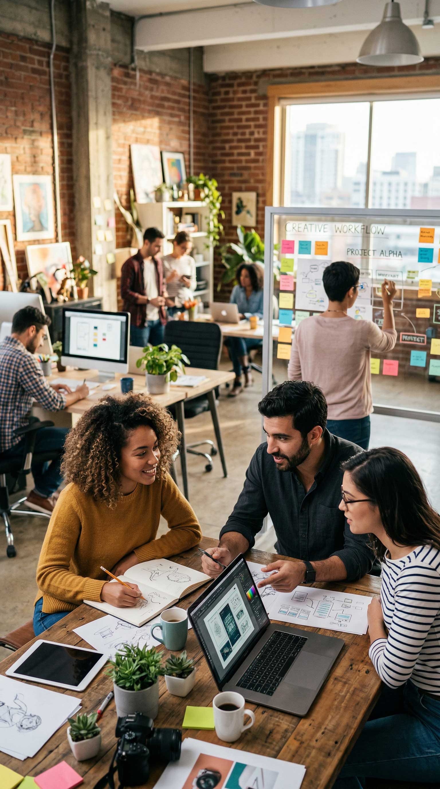 A diverse B2B digital marketing team, including those shown in the photo, uses laptops and sketchbooks in their 2026 AI tools analysis.