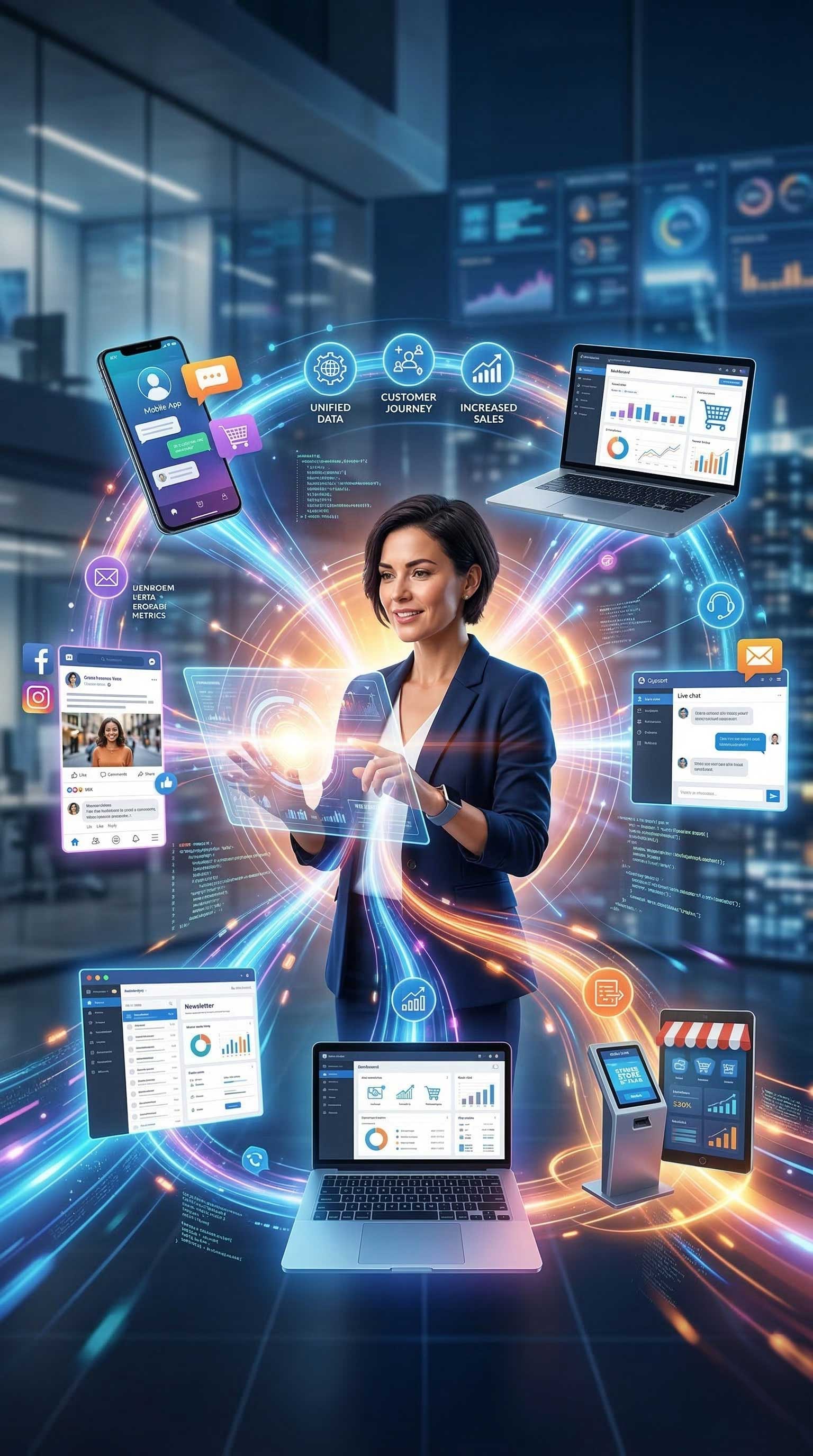 Professional at a digital dashboard managing B2B lead generation via Pixel Commerce Studio's unified data marketing.