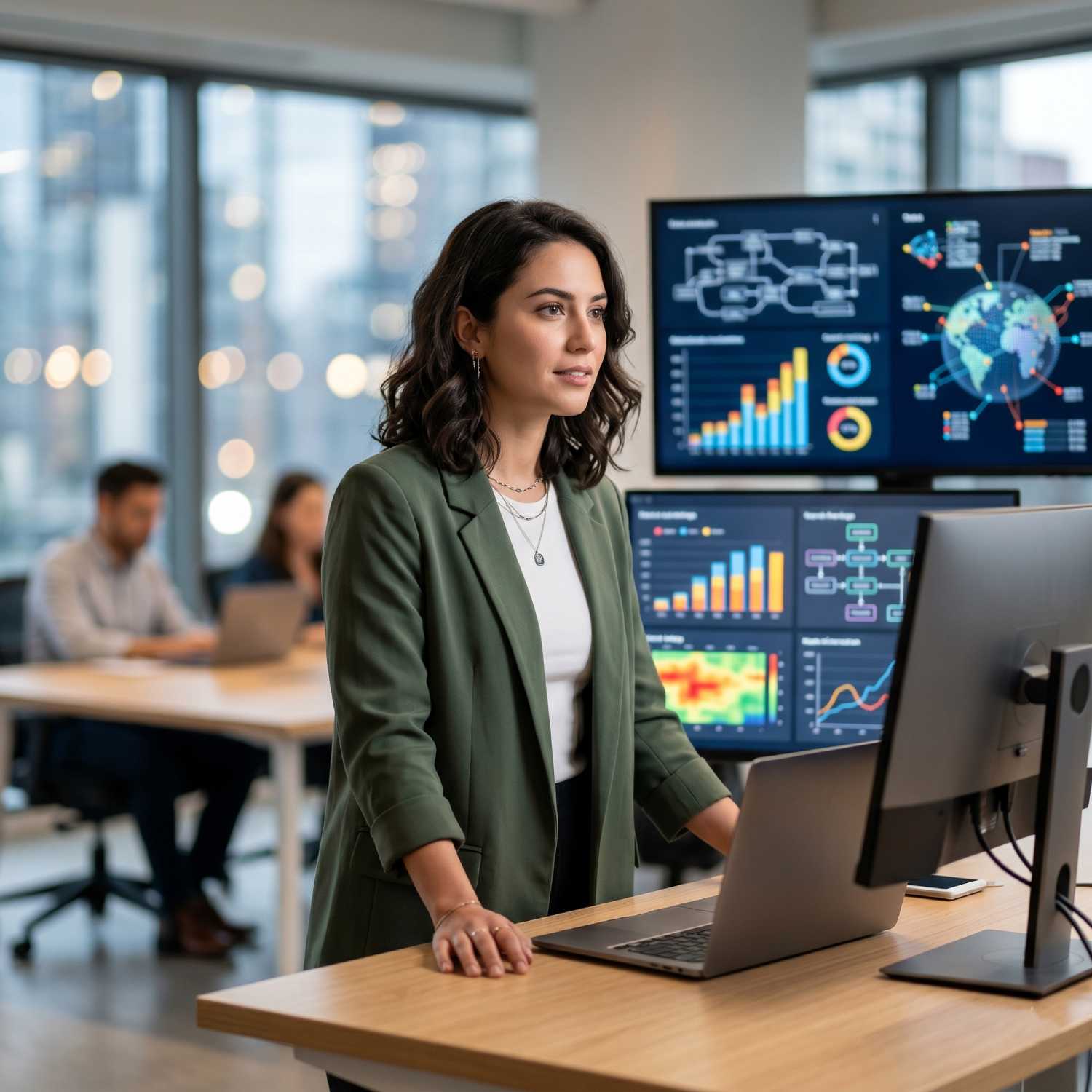 A professional standing at a desk with dual monitors displaying data analytics charts for B2B digital marketing services.