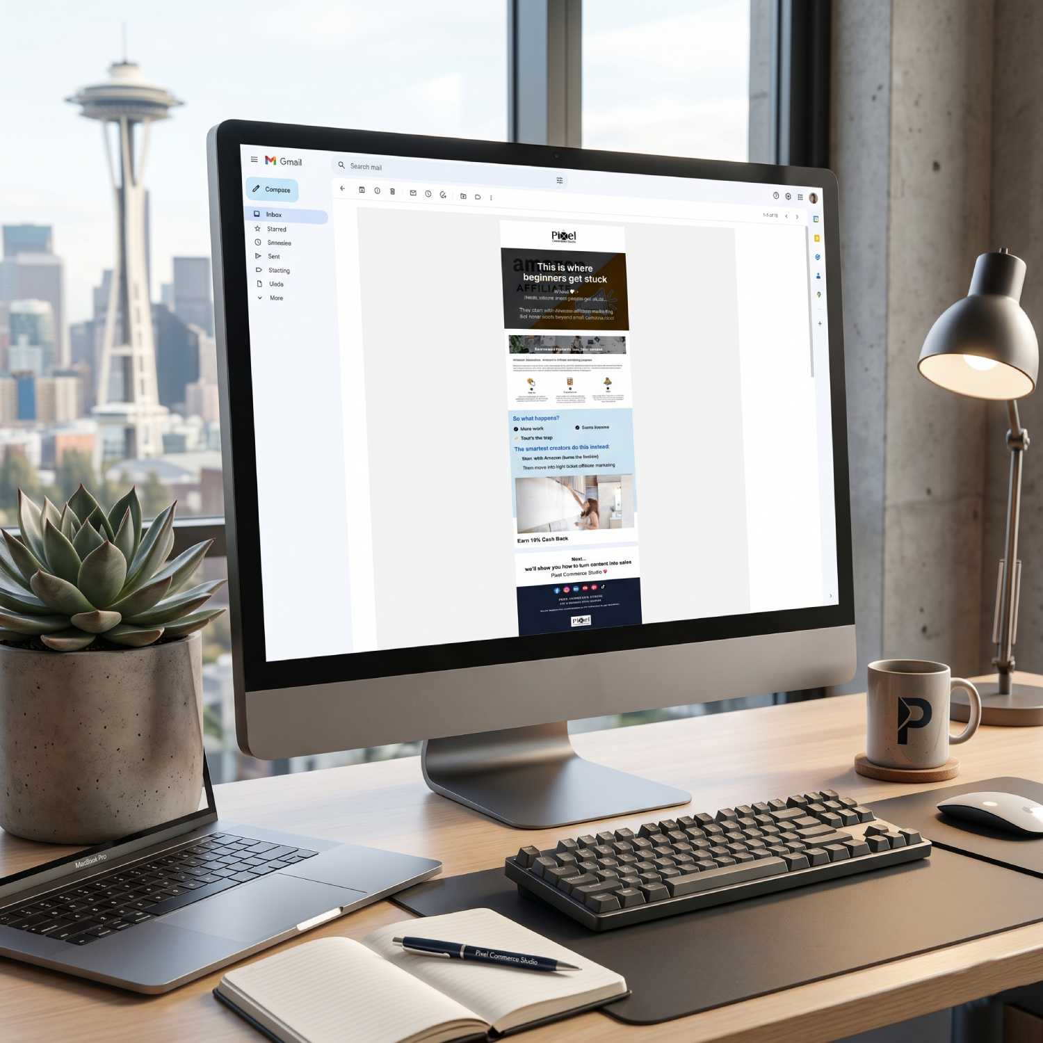 Monitor showing a Pixel Commercial Studio email newsletter on screen, representing B2B digital marketing services.
